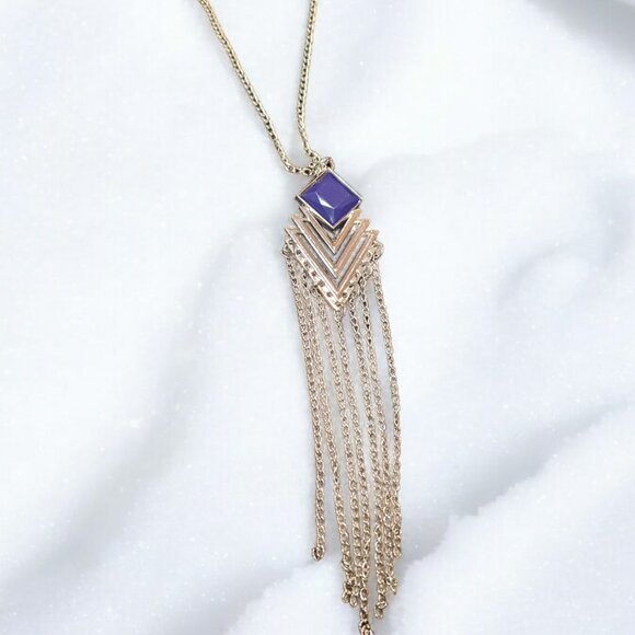 Boho 1980's 18" Silver Tone & Dark Purple Pendant w/ 7 tassels Necklace - Picture 9 of 13